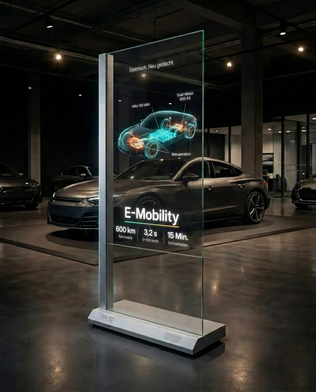 Transparentes OLED-Display im Hochformat zeigt Fahrzeugtechnik vor einem Elektroauto im Showroom